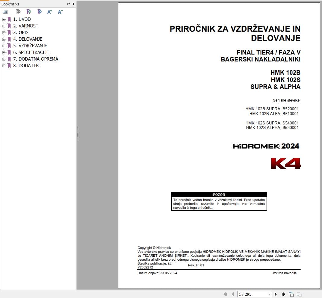 Hidromek HMK 102B 102S SUPRA & ALPHA Operation Maintenance Manual Y2502212 SL (1)