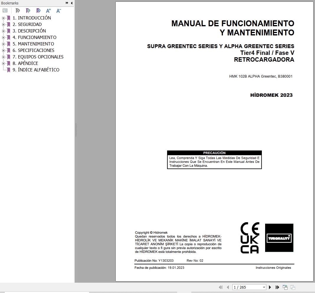 Hidromek HMK 102B ALPHA Greentec Operation Maintenance Manual Y1303203 ES (1)