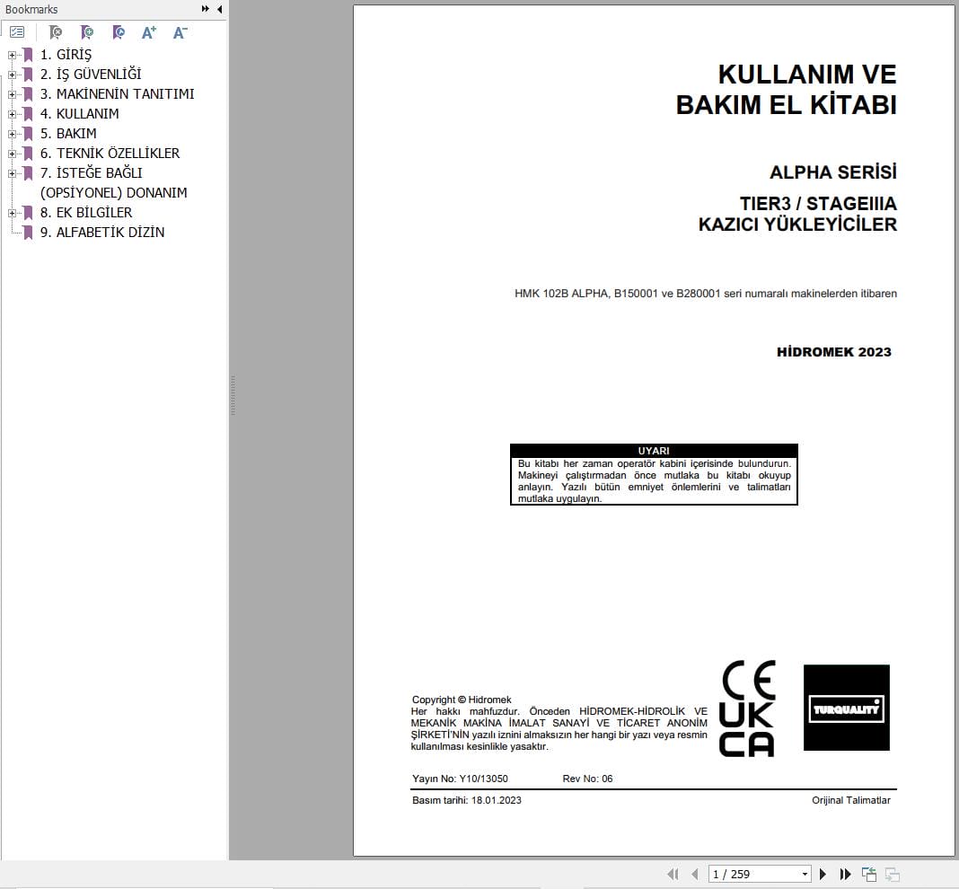 Hidromek HMK 102B ALPHA Operation Maintenance Manual Y10 13050 TR (1)