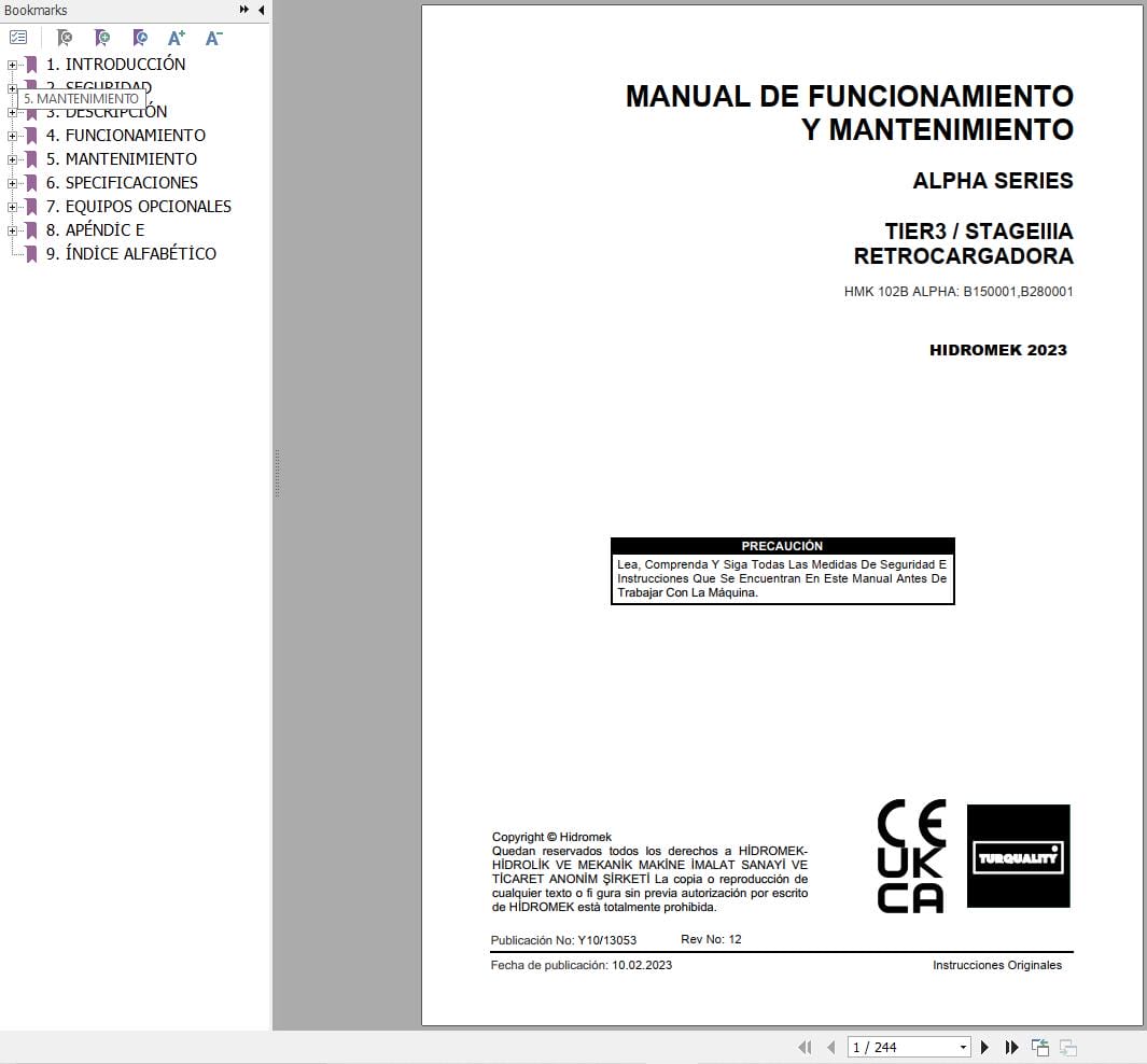 Hidromek HMK 102B ALPHA Operation Maintenance Manual Y10 13053 ES (1)