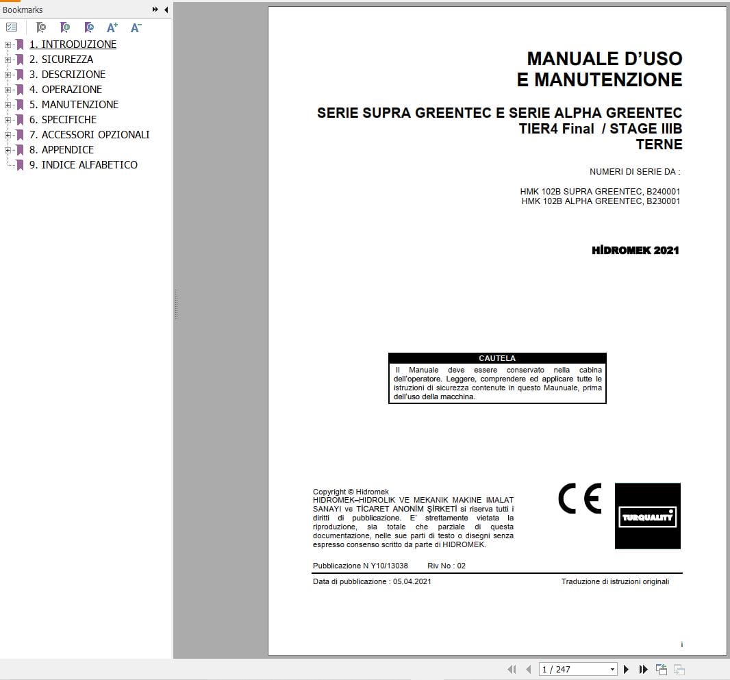 Hidromek HMK 102B SUPRA & ALPHA GreenTec Operation Maintenance Manual IT (1)