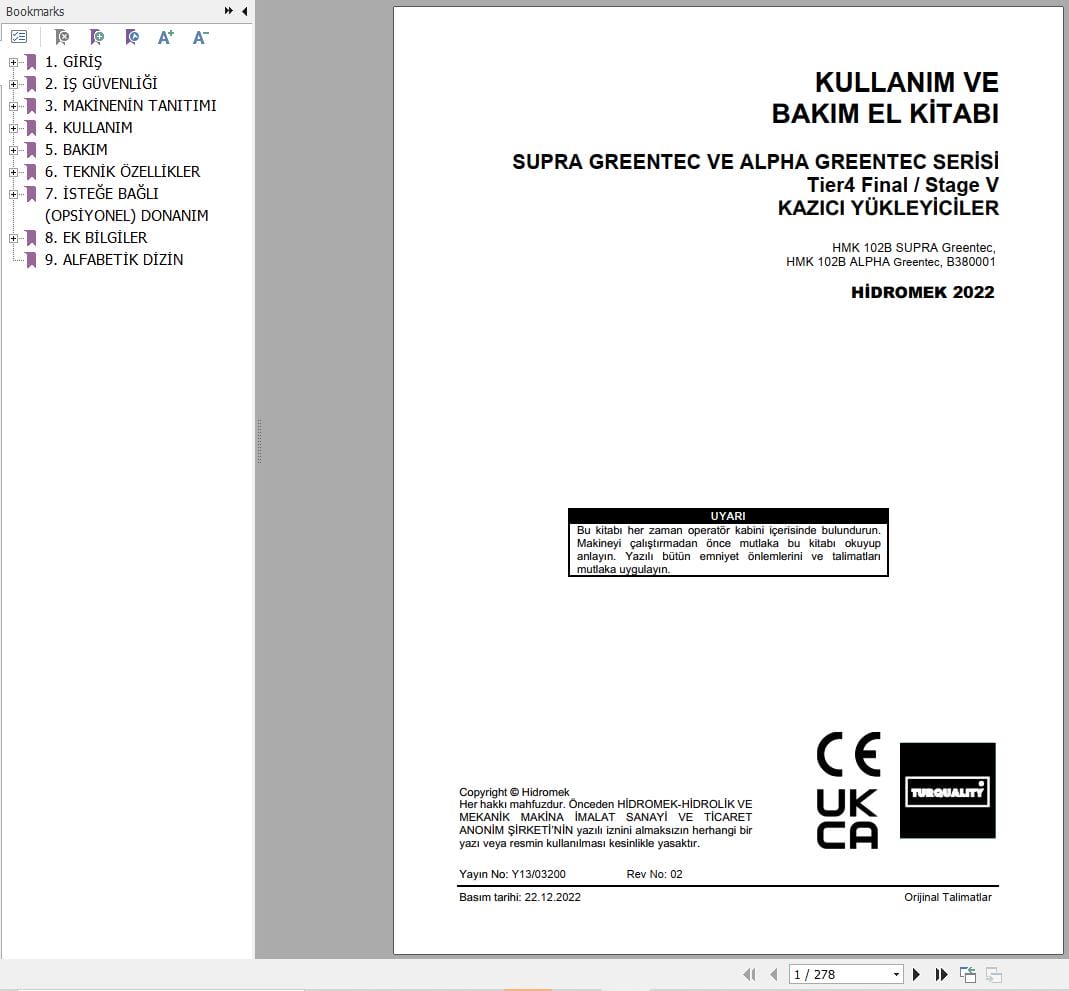 Hidromek HMK 102B SUPRA & ALPHA GreenTec Operation Maintenance Manual TR (1)