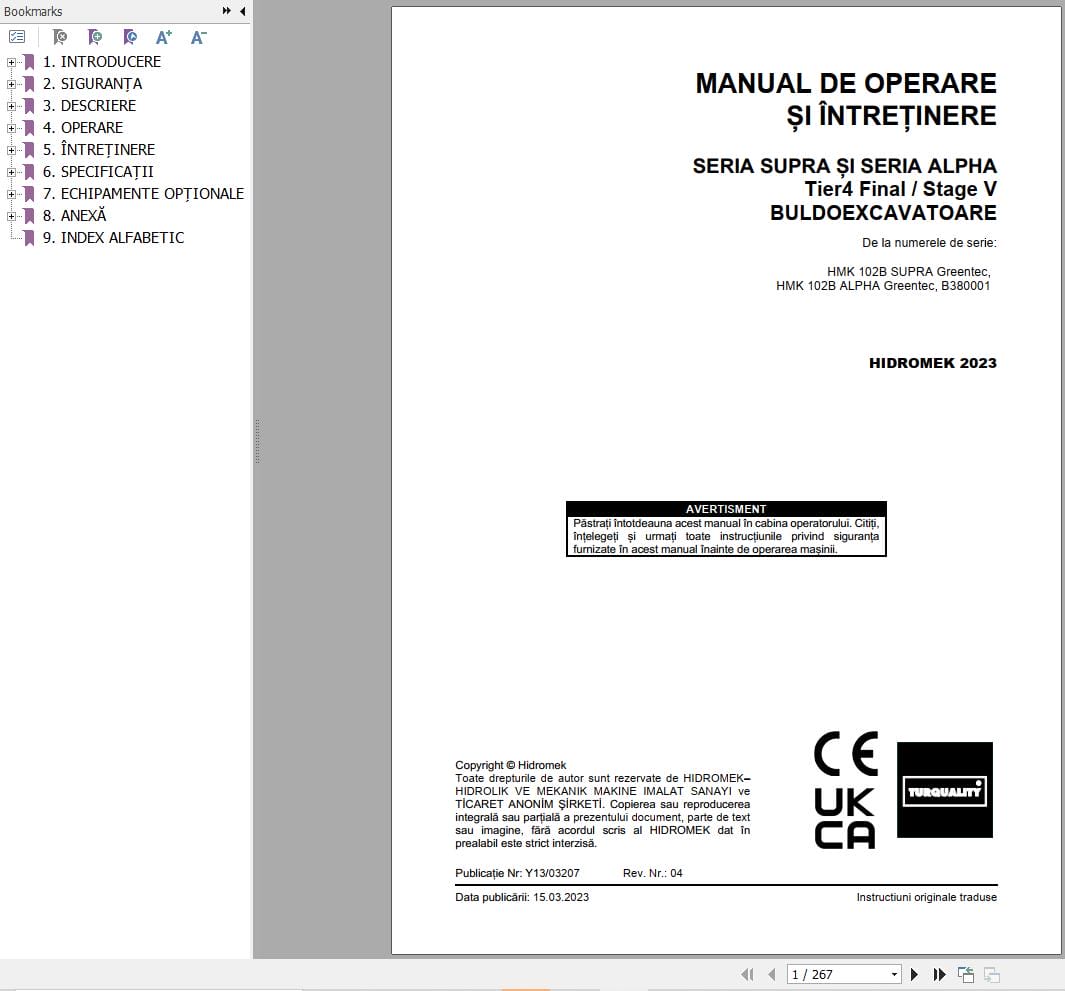 Hidromek HMK 102B SUPRA & ALPHA GreenTec Operation Maintenance Manual Y13 03207 2023 RO (1)