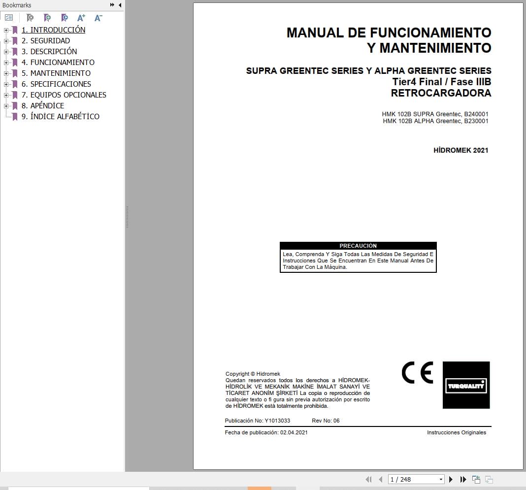 Hidromek HMK 102B SUPRA & ALPHA Greentec Operation Maintenance Manual Y1013033 ES (1)
