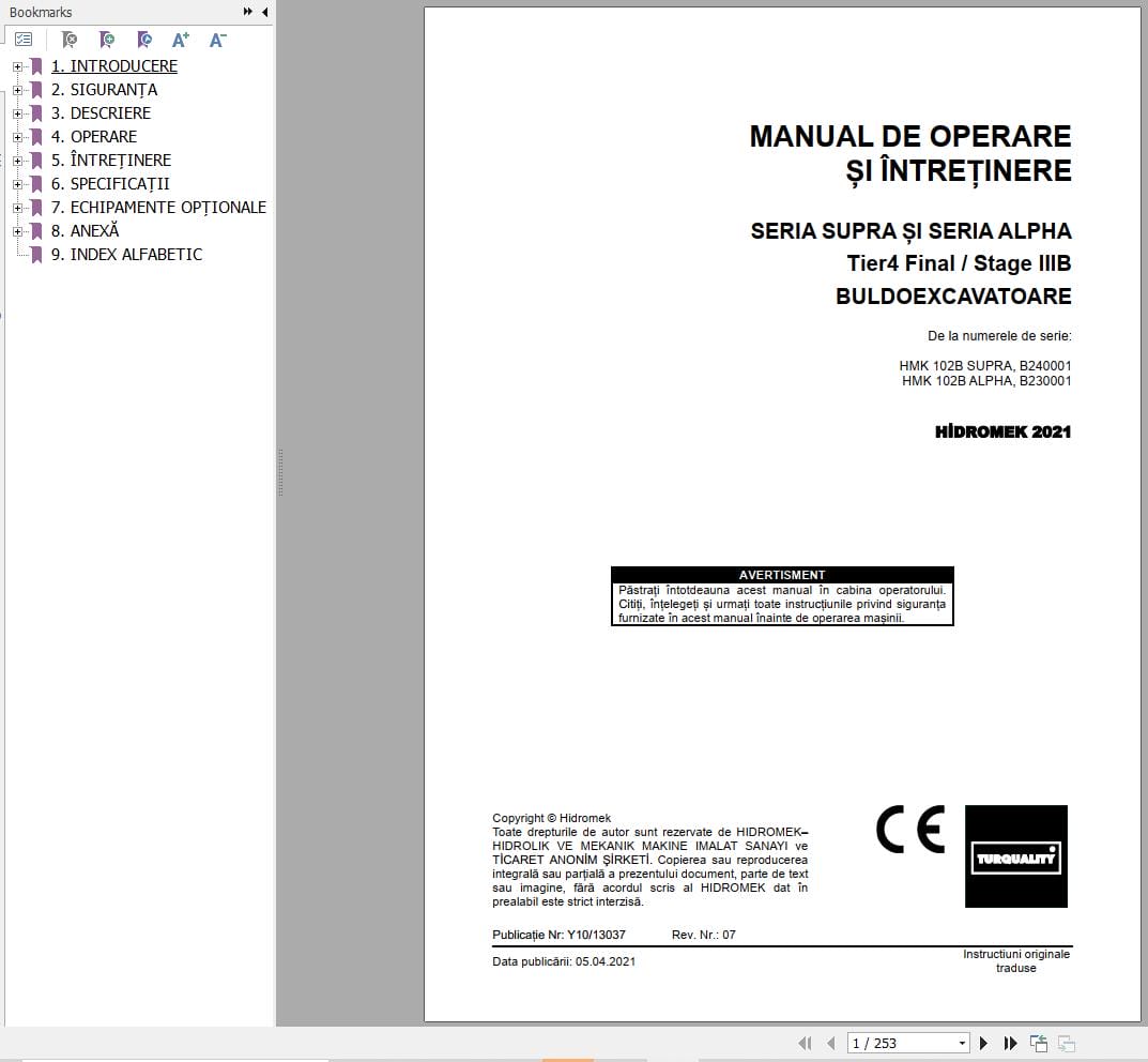 Hidromek HMK 102B SUPRA & ALPHA Operation Maintenance Manual Y10 13037 RO (1)