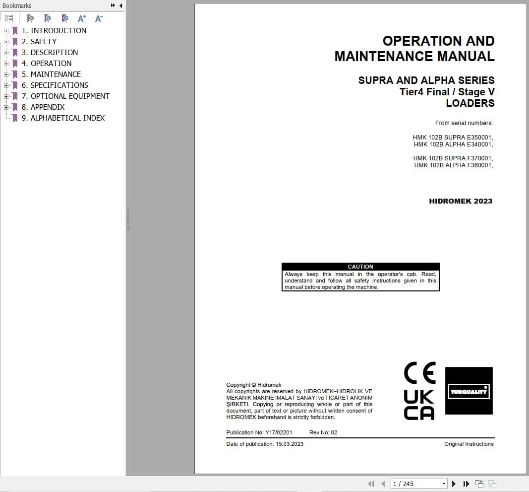 Hidromek HMK 102B SUPRA & ALPHA Operation Maintenance Manual Y17 02201 2023 (1)
