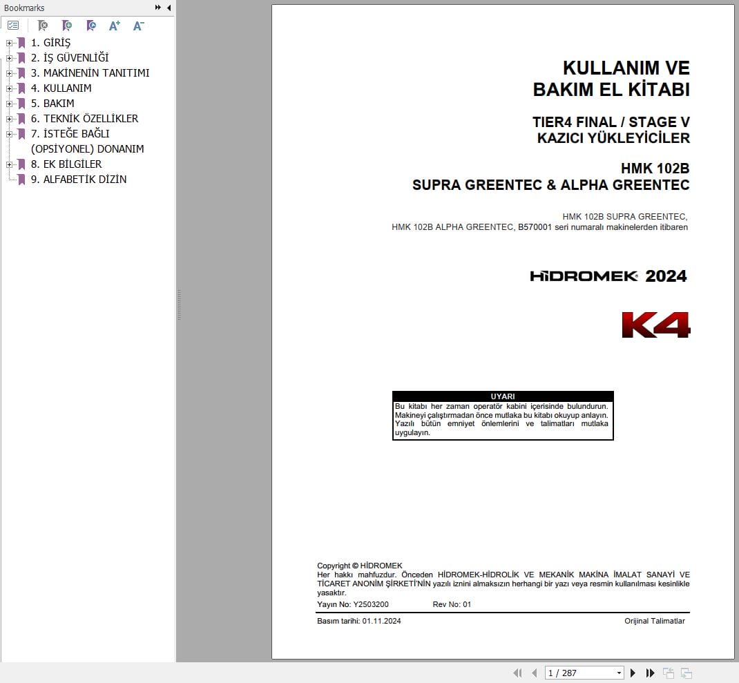 Hidromek HMK 102B Supra Greentec & Alpha Greentec Operation Manual Y2503200 TR (1)