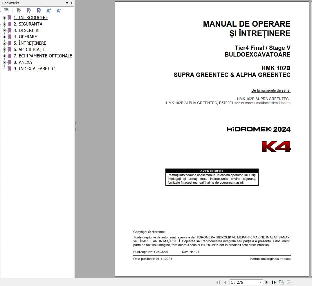 Hidromek HMK 102B Supra Greentec & Alpha Greentec Operation Manual Y2503207 RO (1)