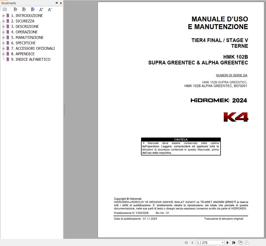 Hidromek HMK 102B Supra Greentec & Alpha Greentec Operation Manual Y2503208 IT (1)