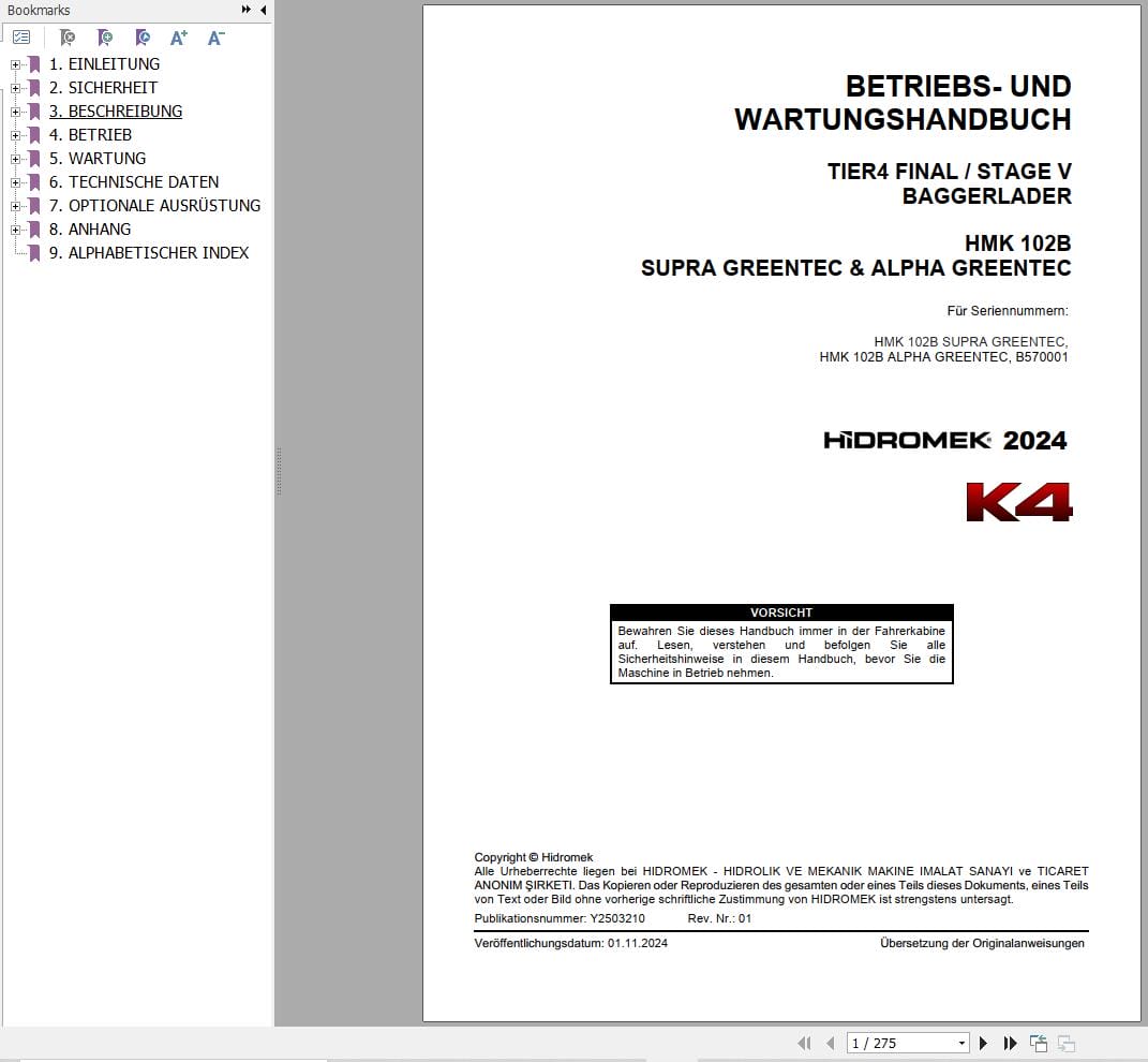 Hidromek HMK 102B Supra Greentec & Alpha Greentec Operation Manual Y2503210 DE (1)