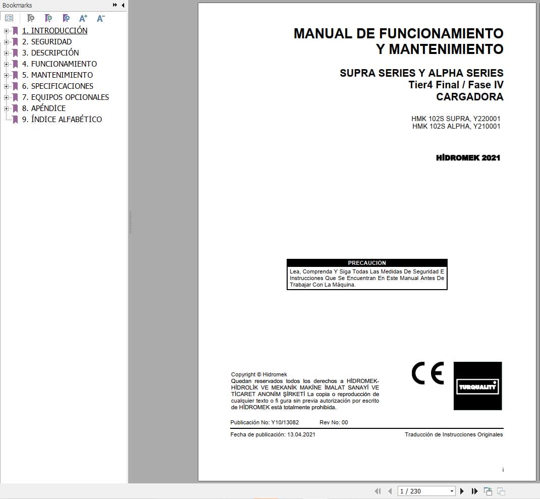 Hidromek HMK 102S SUPRA & ALPHA Operation Maintenance Manual Y10 13082 ES (1)