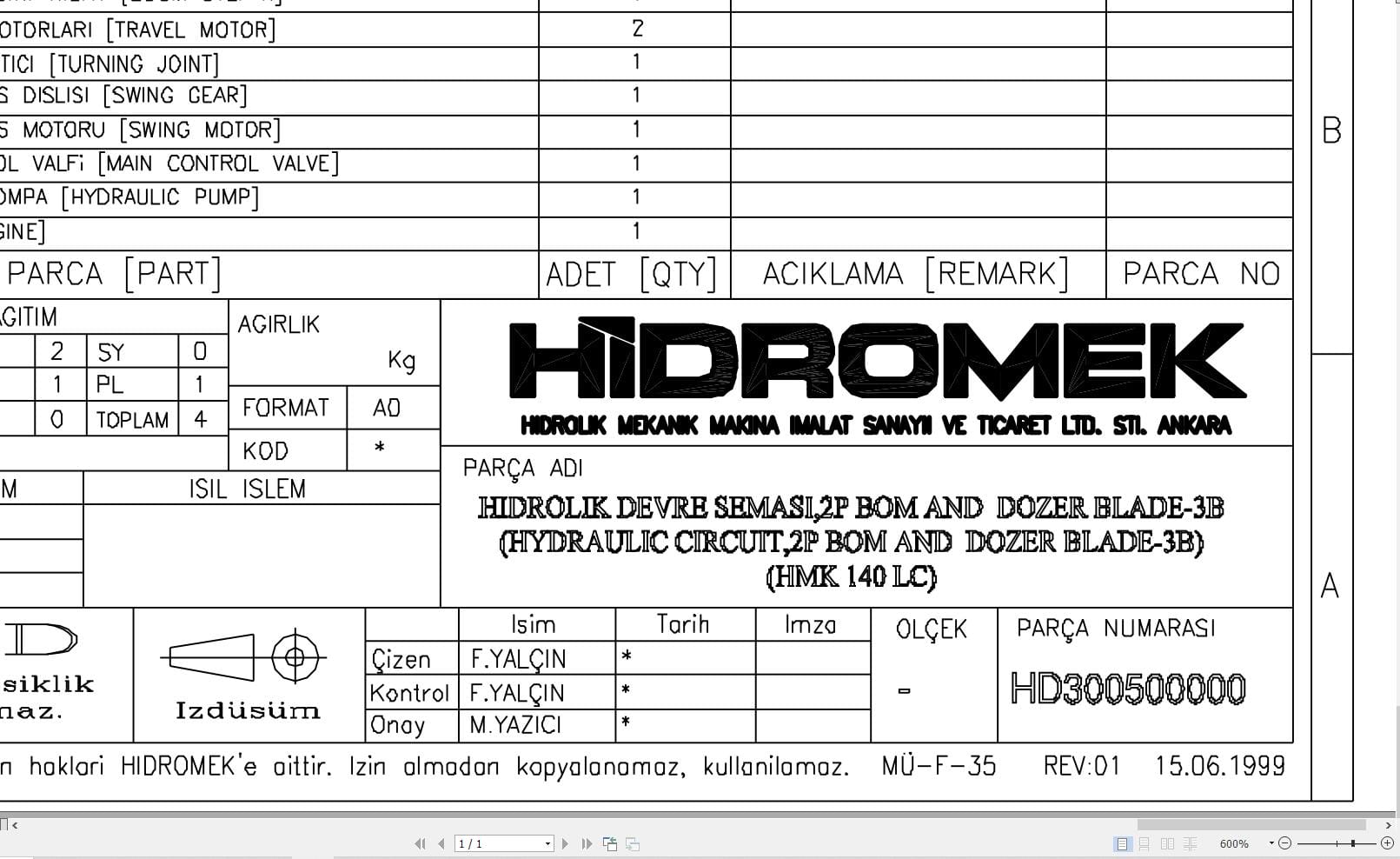 Hidromek HMK 140LC With Dozer Blade + 2P Boom Hydraulic Diagram HD300500000 (1)