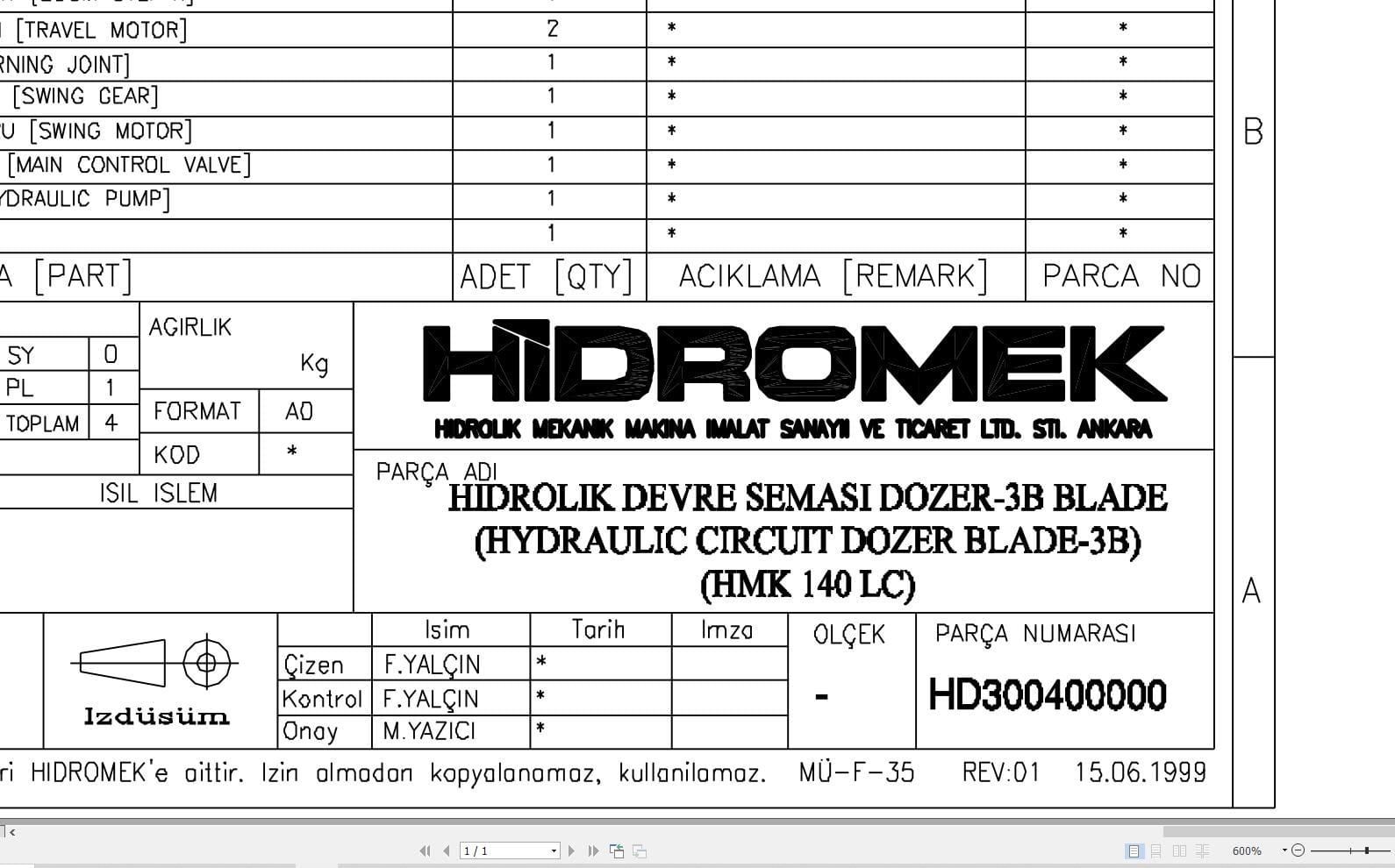 Hidromek HMK 140LC With Dozer Blade Hydraulic Diagram HD300400000 (1)