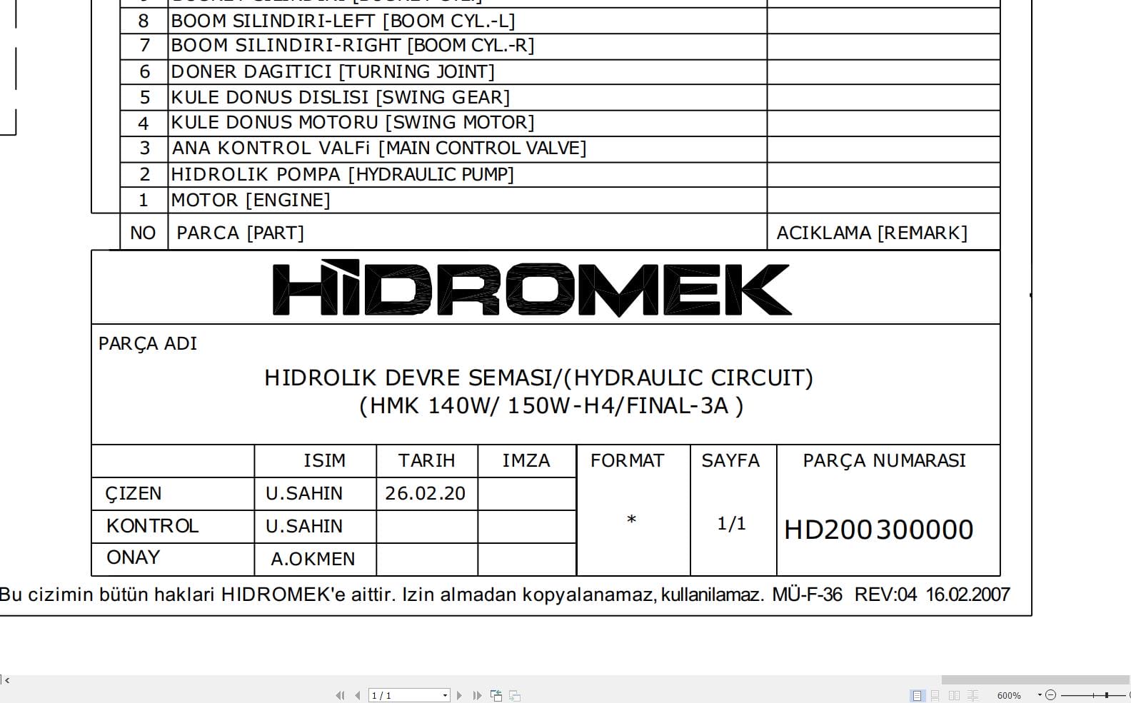 Hidromek HMK 140W 150W H4 FINAL 3A Hydraulic Diagram HD200300000 2020 (1)