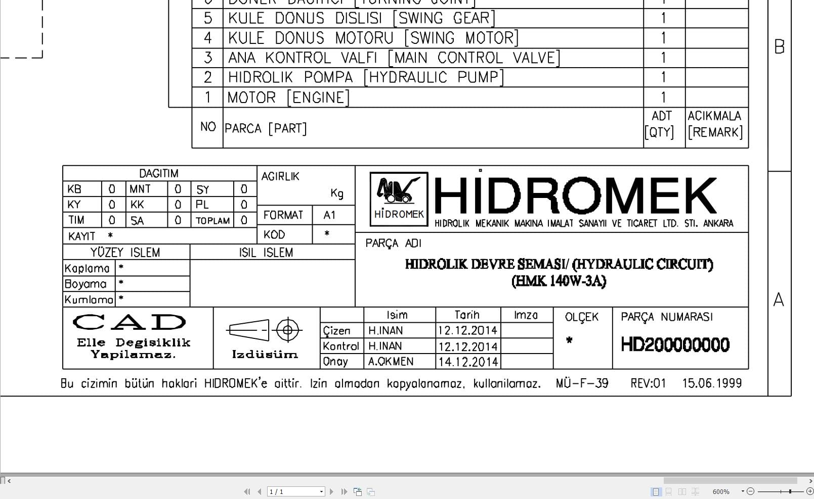 Hidromek HMK 140W 3A Hydraulic Diagram HD200000000 2016 (1)