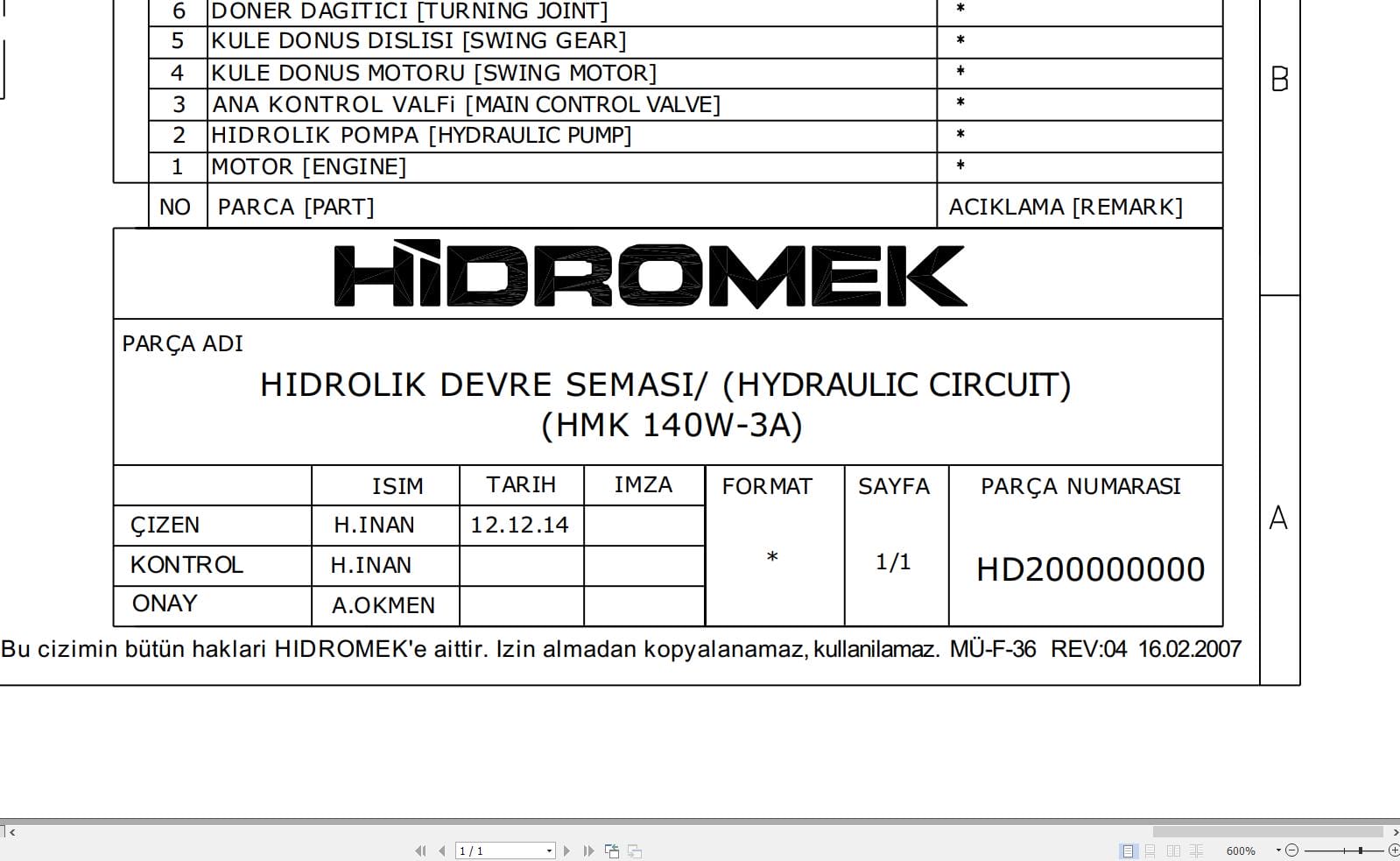 Hidromek HMK 140W 3A Hydraulic Diagram HD200000000 2017 (1)