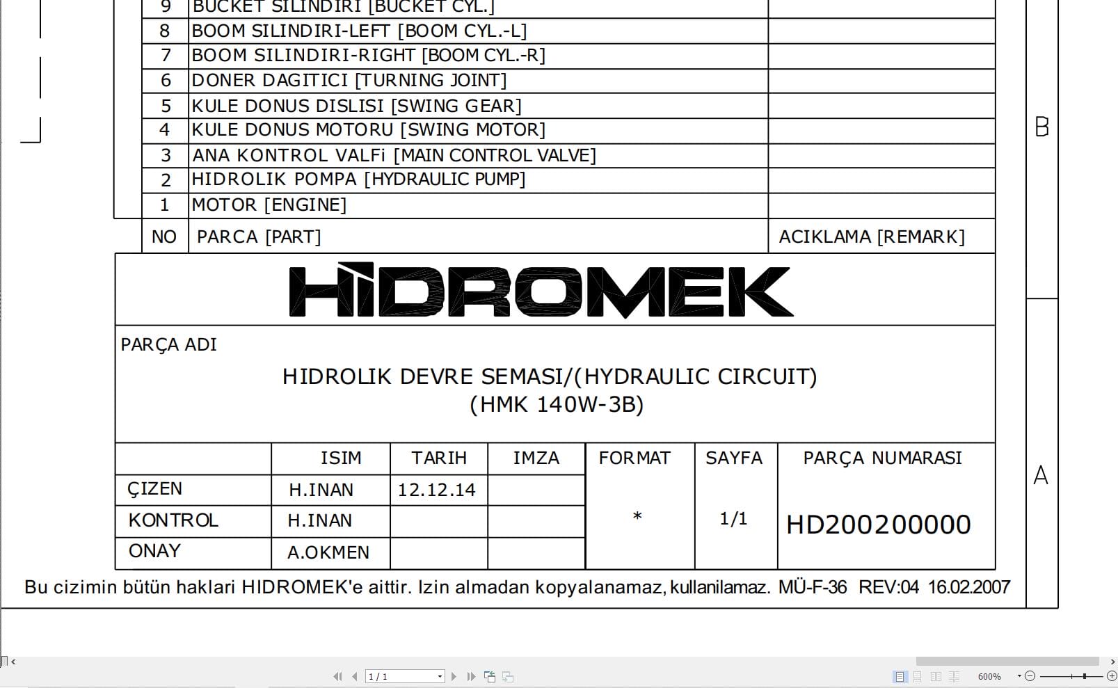 Hidromek HMK 140W 3B Hydraulic Diagram HD200200000 (1)