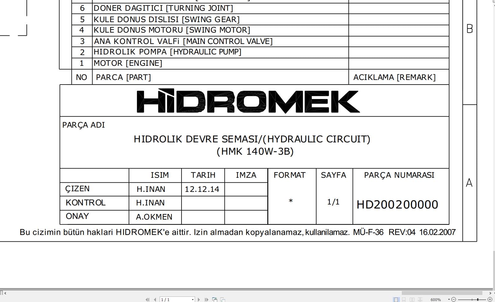 Hidromek HMK 140W 3B Two additional Gear Pumps Hydraulic Diagram HD200200000 (1)