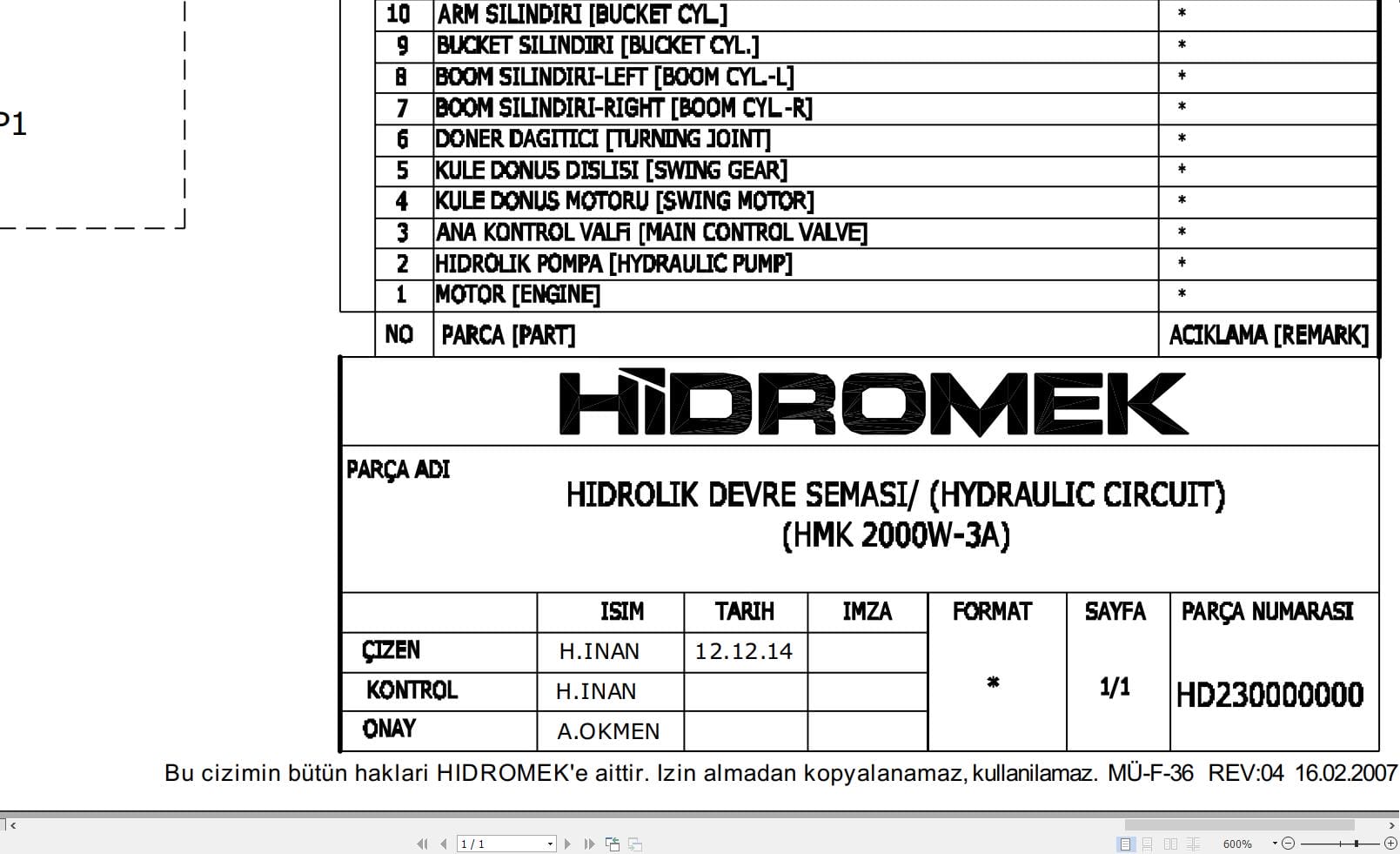 Hidromek HMK 200W 3A Hydraulic Diagram HD230000000 2016 (1)