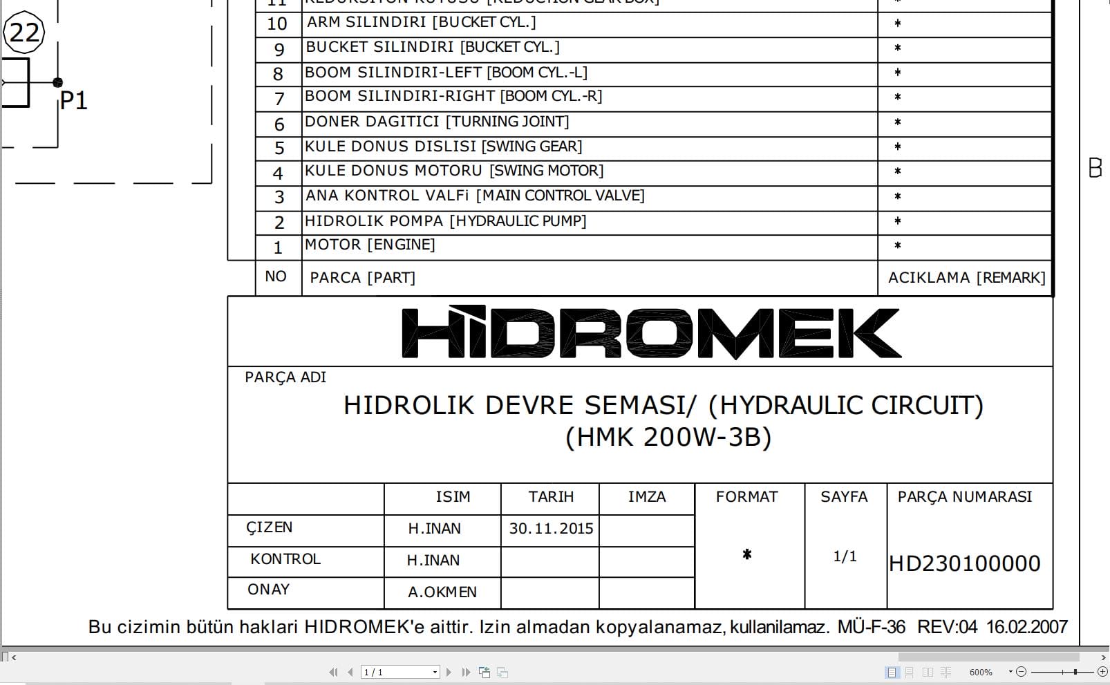 Hidromek HMK 200W 3B Two additional Gear Pumps Hydraulic Diagram HD230100000 (1)