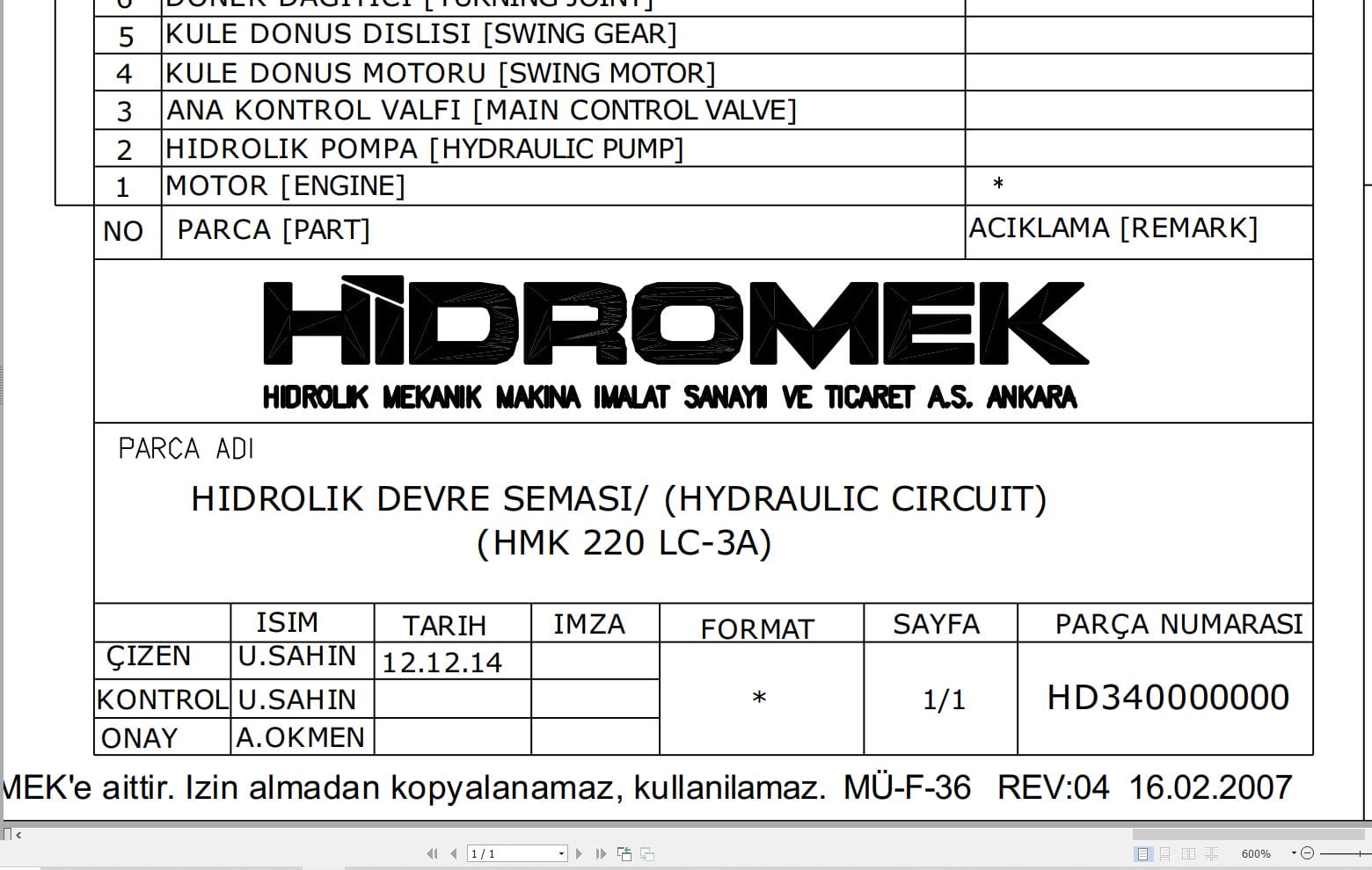 Hidromek HMK 220LC 3A Hydraulic Diagram HD340000000 2017 (1)
