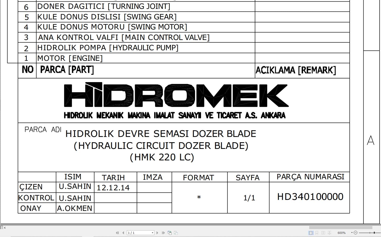 Hidromek HMK 220LC 3B Dozer Blade Hydraulic Diagram HD340100000 (1)