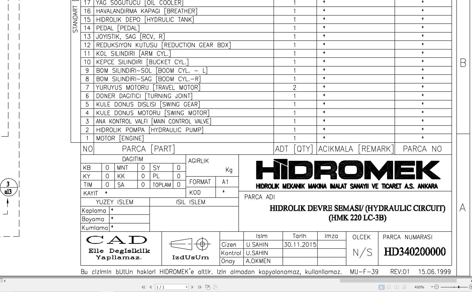 Hidromek HMK 220LC 3B Hydraulic Diagram HD340200000 2016 (1)