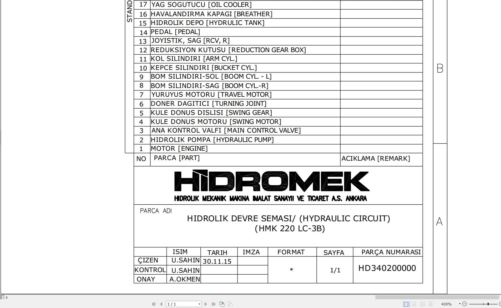 Hidromek HMK 220LC 3B Hydraulic Diagram HD340200000 2017 (1)