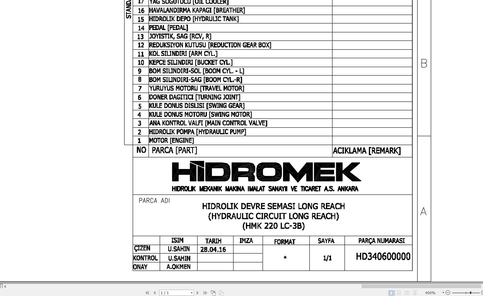 Hidromek HMK 220LC 3B Long Reach Hydraulic Diagram HD340600000 (1)