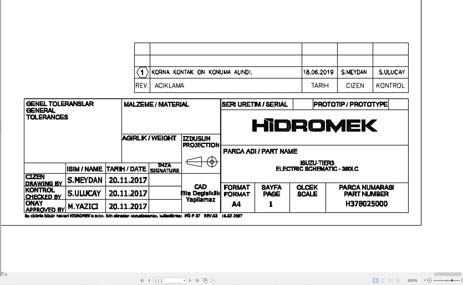 Hidromek HMK 390LC Isuzu Tier3 Electric Diagram H378025000 06.2019 (1)
