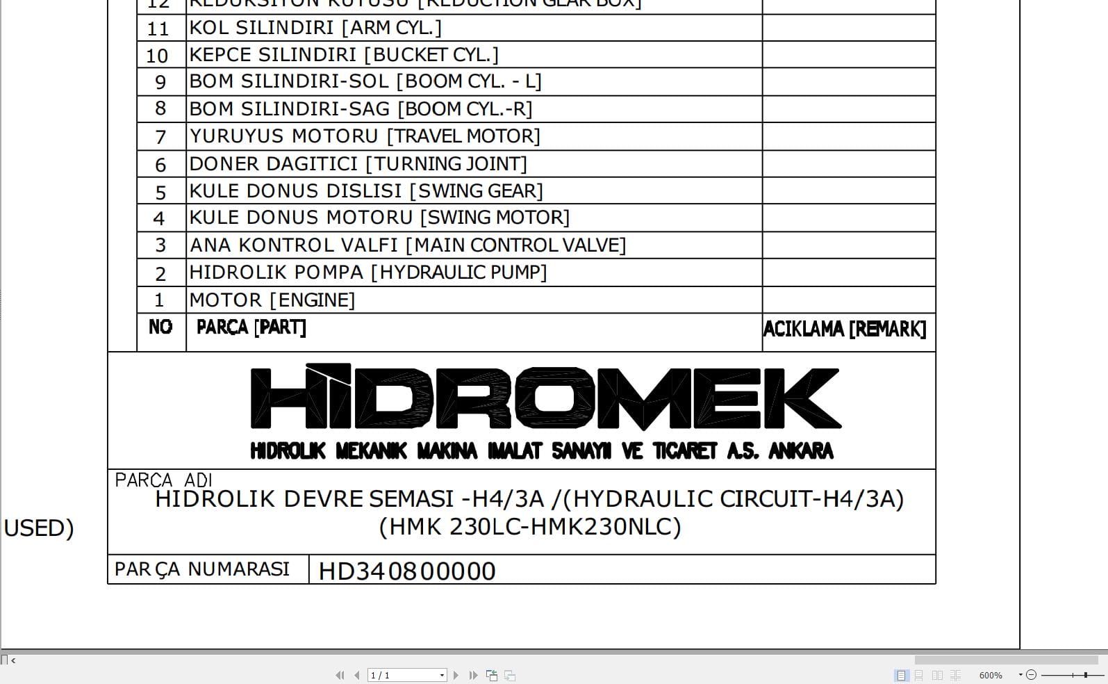 Hidromek HMK230LC HMK230NLC H4 3A Hydraulic Diagram HD340800000 REV04 (1)