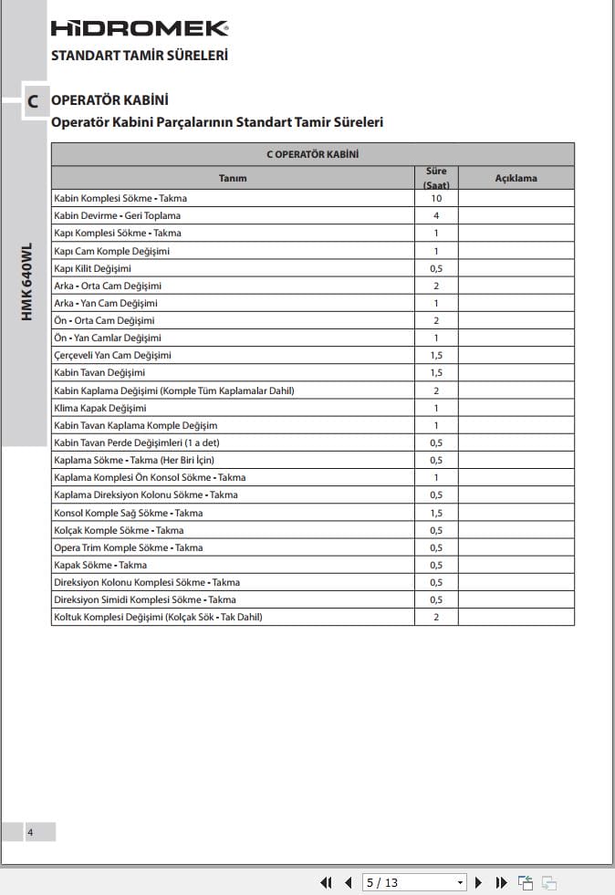 Hidromek Loader HMK 640WL Standard Repair Times TR (2)