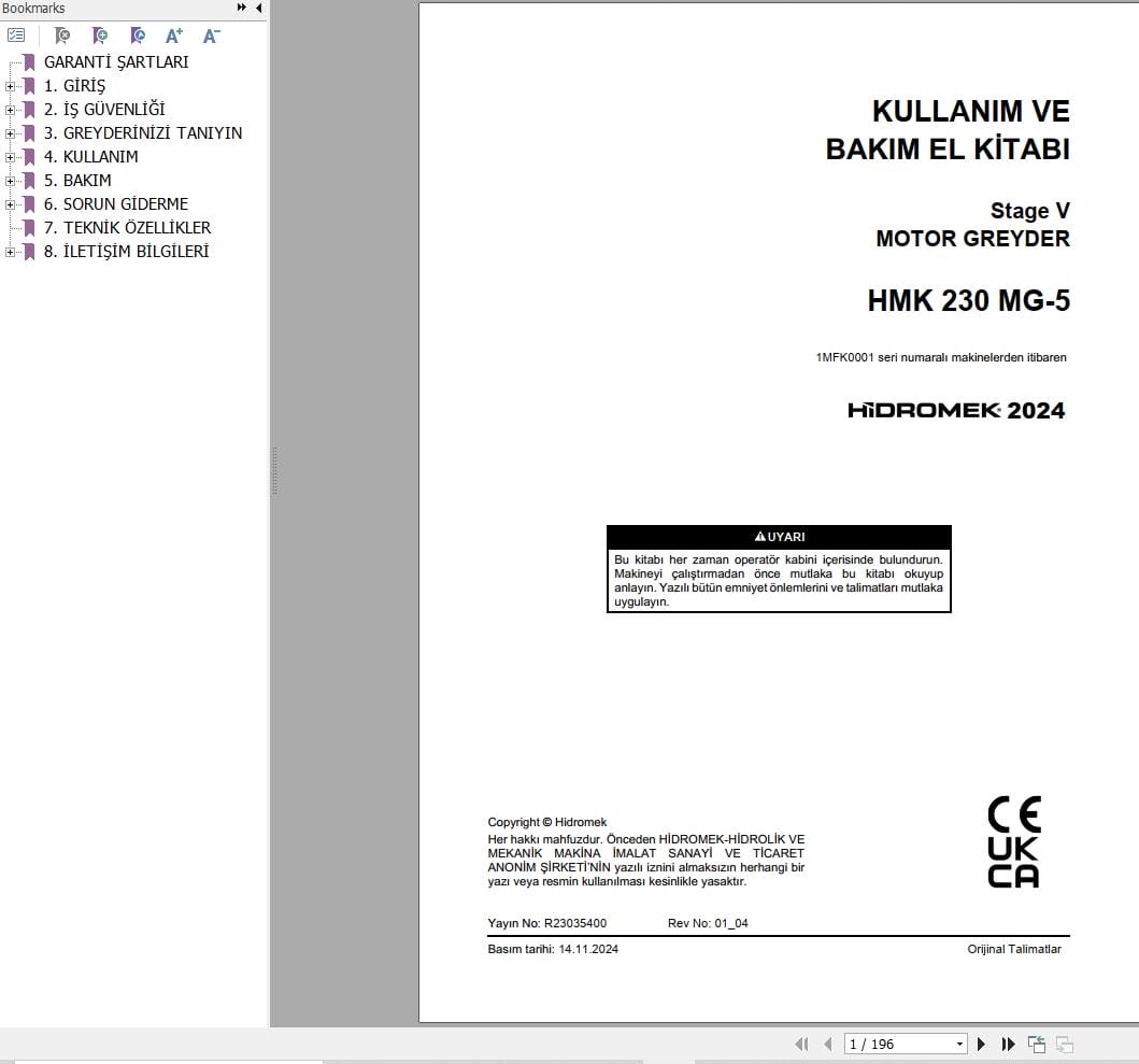Hidromek Motor Grader HMK 230MG 5 Operation Maintenance Manual R23035400 TR (1)