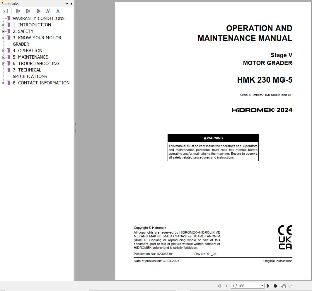 Hidromek Motor Grader HMK 230MG 5 Operation Maintenance Manual R23035401 EN (1)