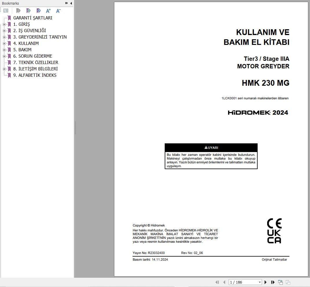 Hidromek Motor Grader HMK 230MG Operation Maintenance Manual R23032400 TR (1)