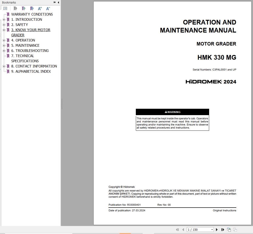 Hidromek Motor Grader HMK 330MG Operation Maintenance Manual R33000401 EN (1)