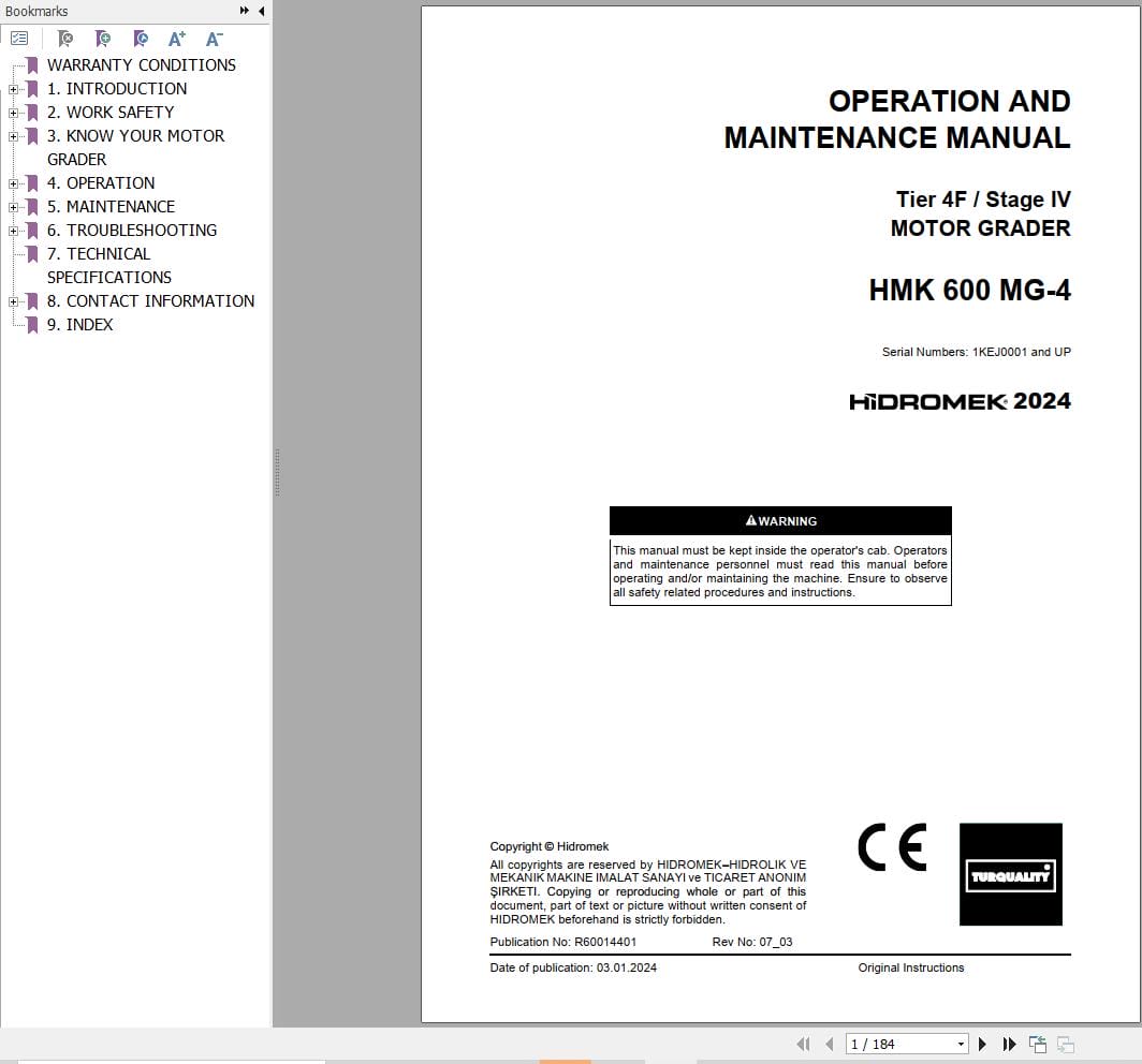 Hidromek Motor Grader HMK 600 MG 4 Operation Maintenance Manual R60014401 EN (1)
