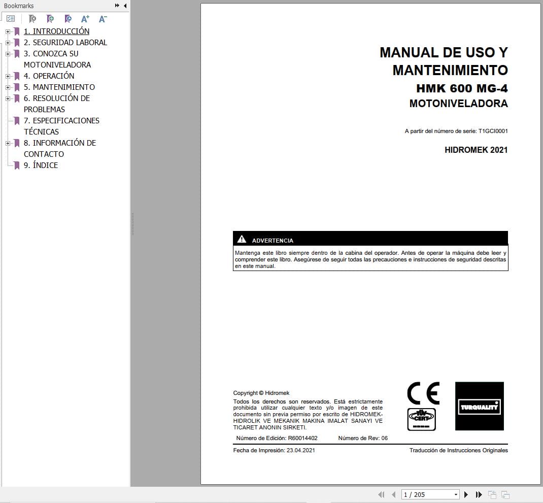 Hidromek Motor Grader HMK 600 MG 4 Operation Maintenance Manual R60014402 ES (1)