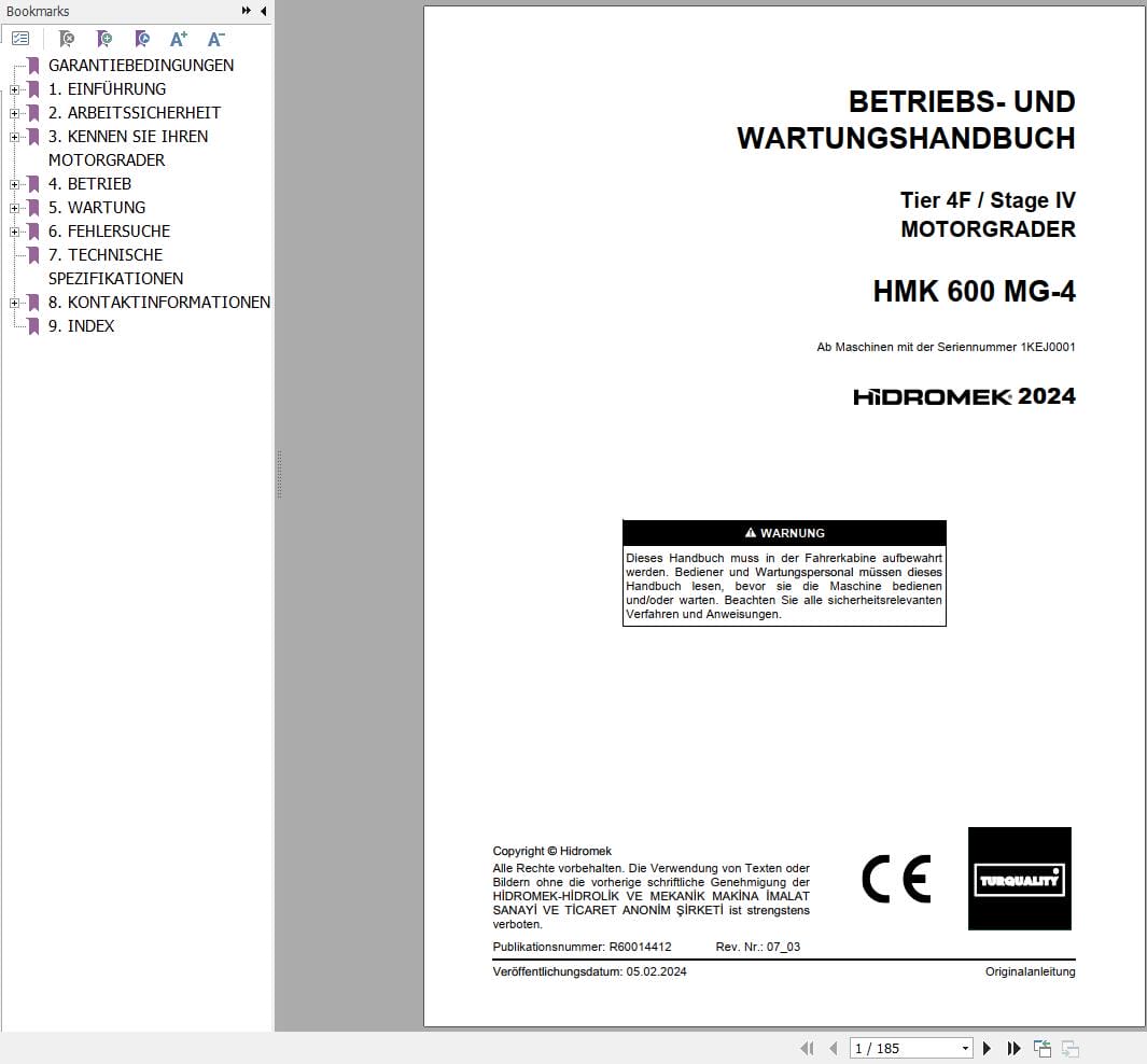 Hidromek Motor Grader HMK 600 MG 4 Operation Maintenance Manual R60014412 DE (1)