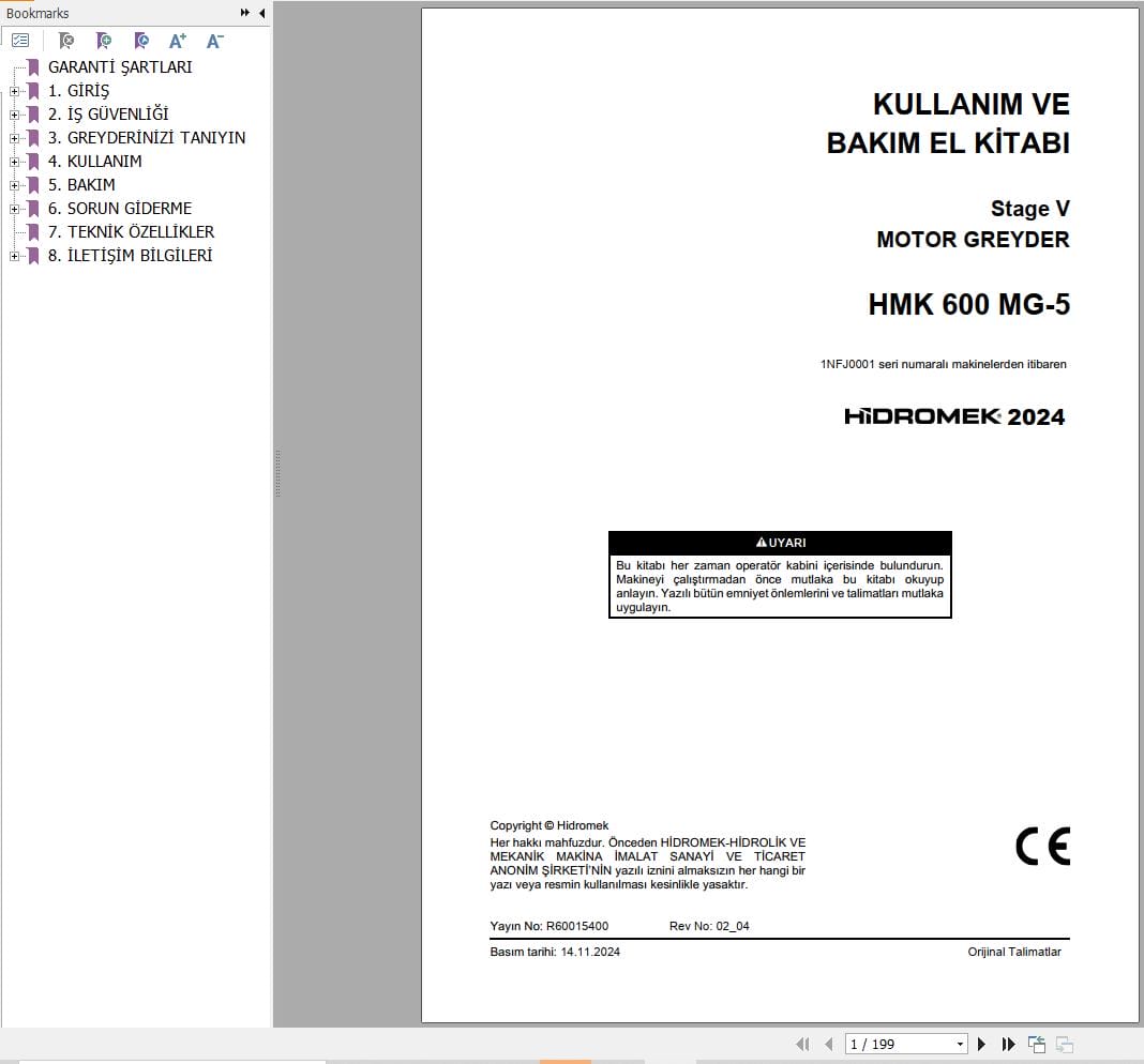 Hidromek Motor Grader HMK 600 MG 5 Operation Maintenance Manual R60015400 TR (1)