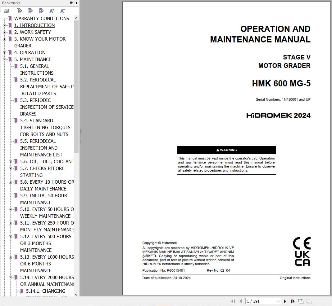 Hidromek Motor Grader HMK 600 MG 5 Operation Maintenance Manual R60015401 EN (1)
