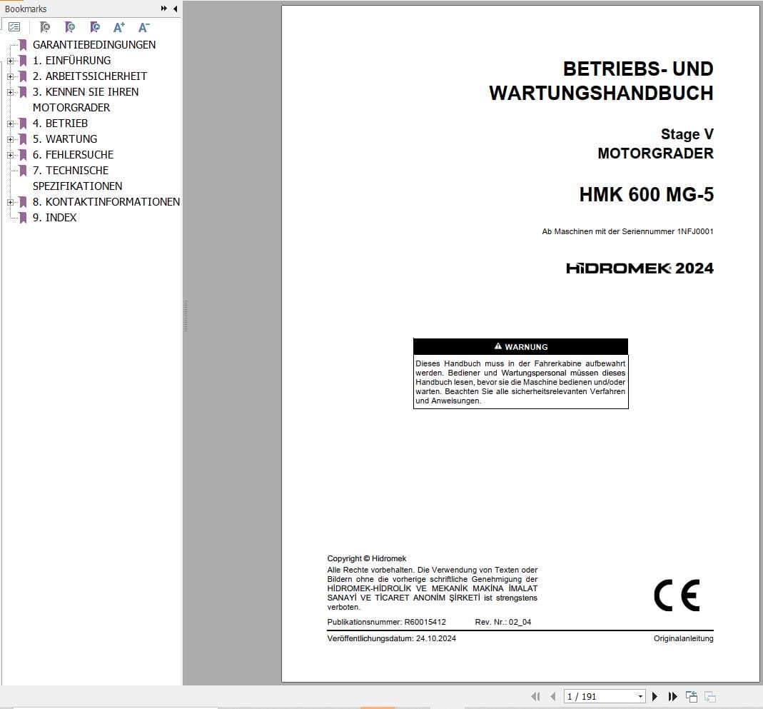 Hidromek Motor Grader HMK 600 MG 5 Operation Maintenance Manual R60015412 DE (1)