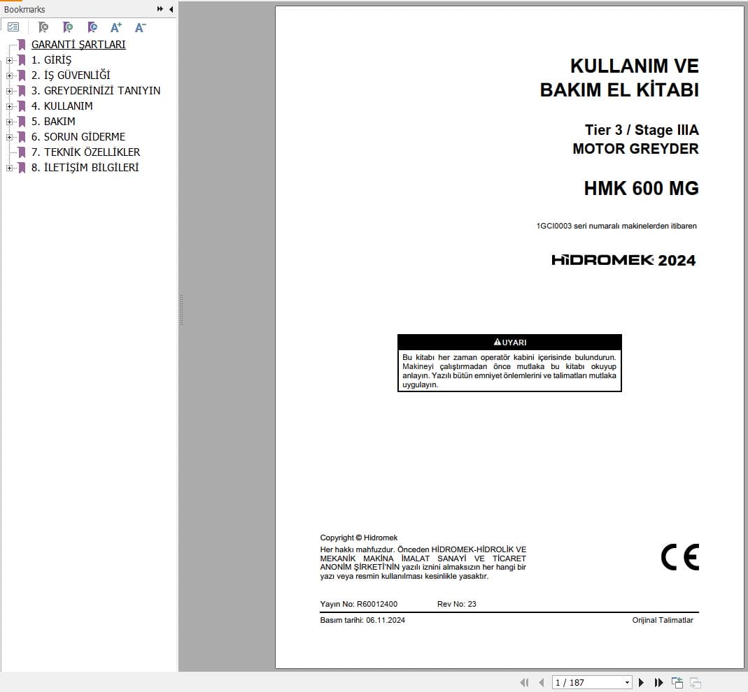 Hidromek Motor Grader HMK 600 MG Operation Maintenance Manual R60012400 TR (1)