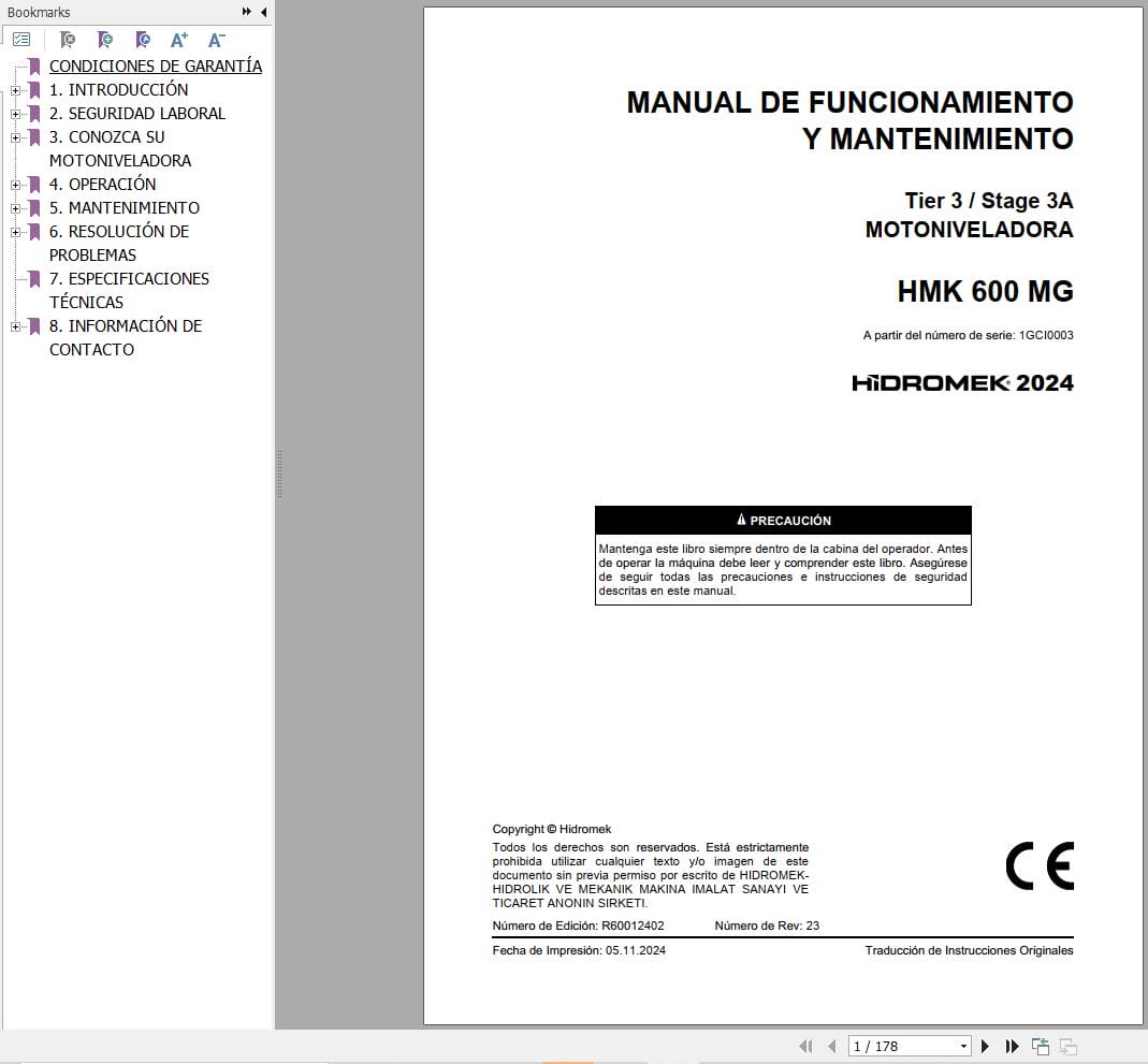 Hidromek Motor Grader HMK 600 MG Operation Maintenance Manual R60012402 ES (1)