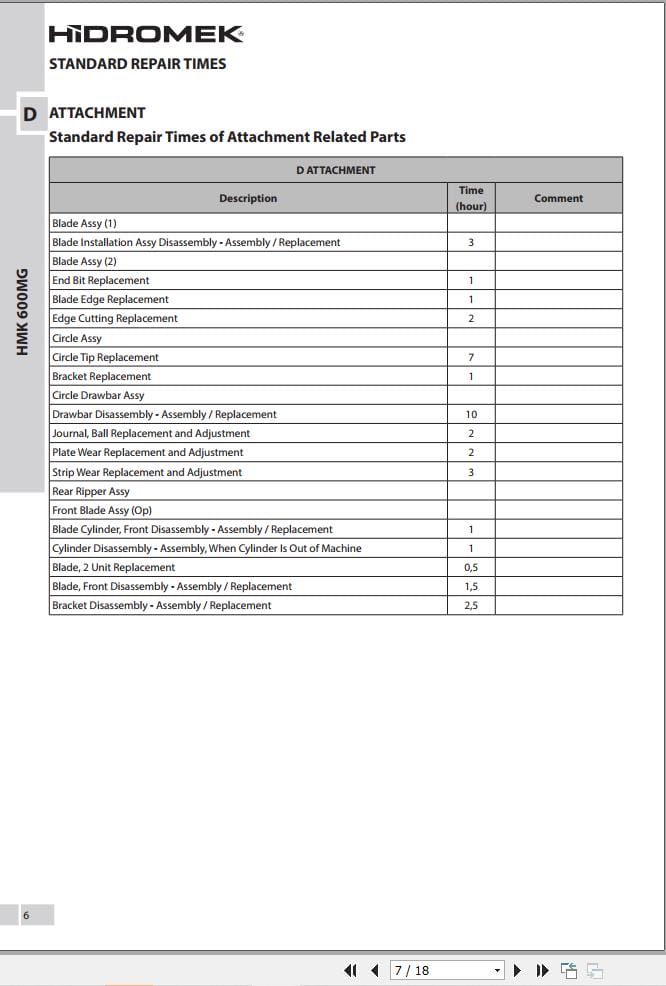 Hidromek Motor Grader HMK 600MG Standard Repair Times (2)