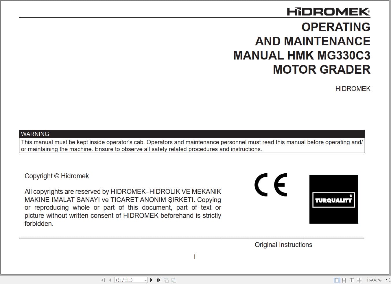 Hidromek Motor Grader MG330C3 Operation Maintenance Manual EN (1)