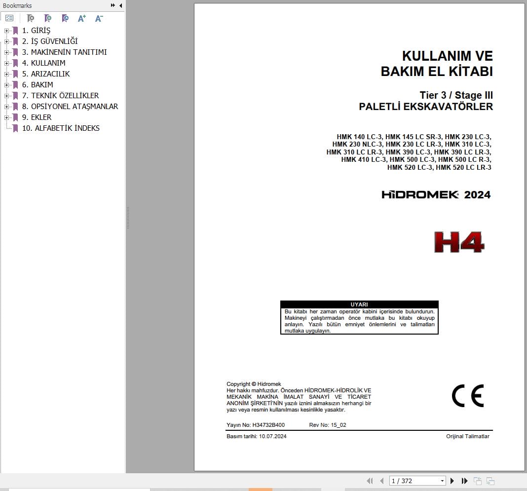 Hidromek Wheel Excavator HMK140LC 3 to HMK520 LC LR 3 Operation Maintenance Manual H34732B400 TR (1)