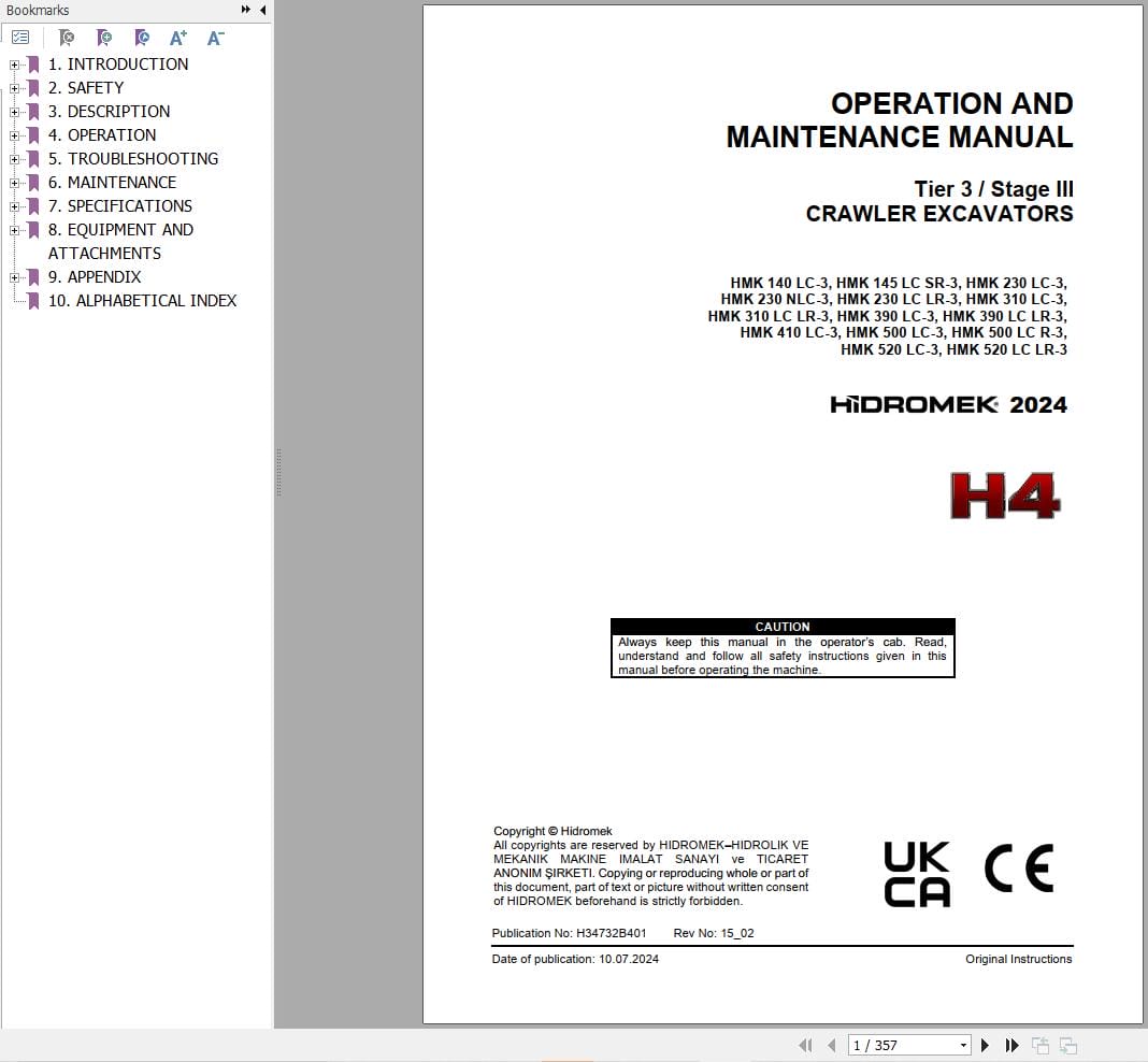 Hidromek Wheel Excavator HMK140LC 3 to HMK520LCLR 3 Operation Maintenance Manual H34732B401 EN (1)