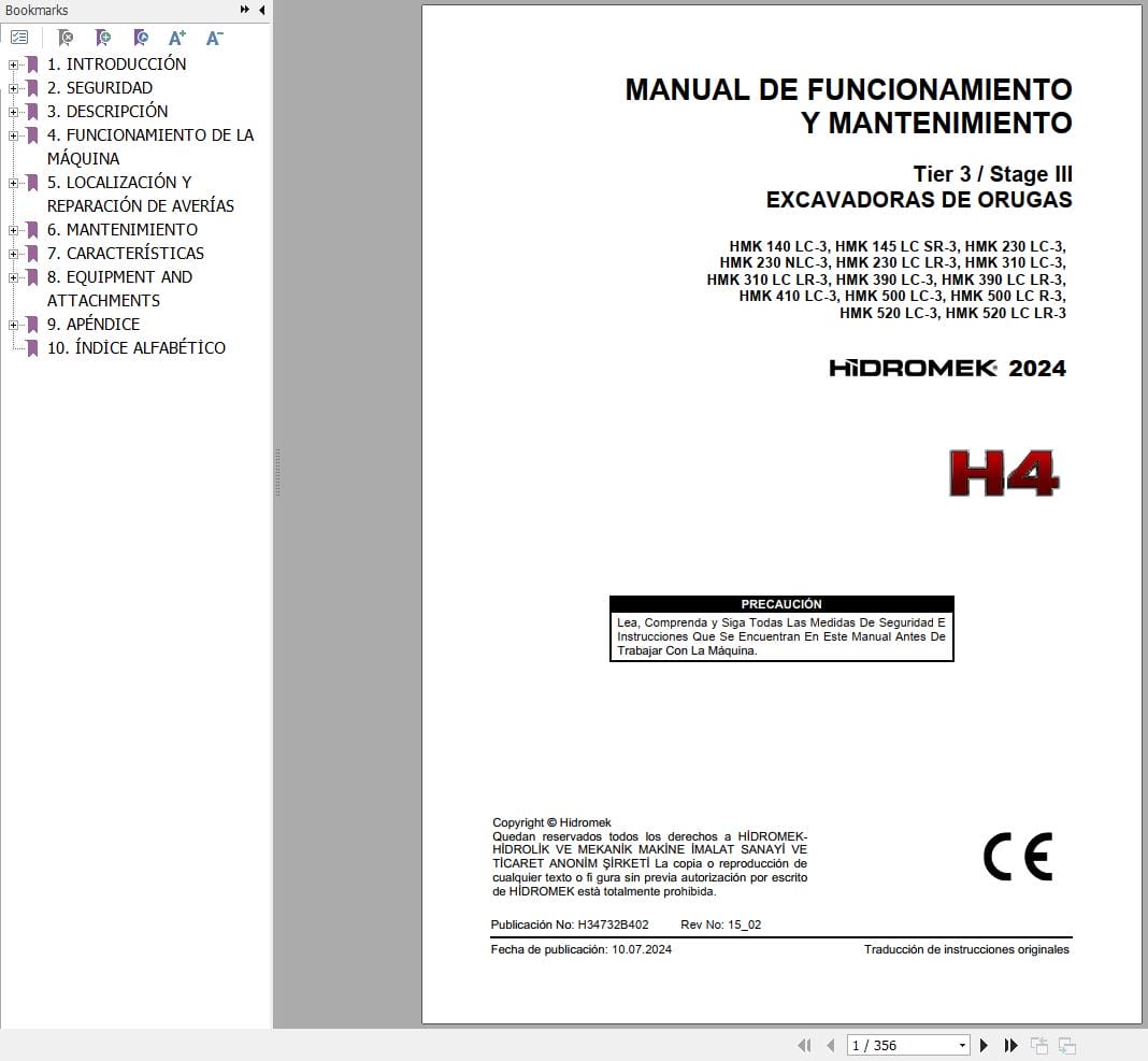 Hidromek Wheel Excavator HMK140LC 3 to HMK520LCLR 3 Operation Maintenance Manual H34732B402 ES (1)