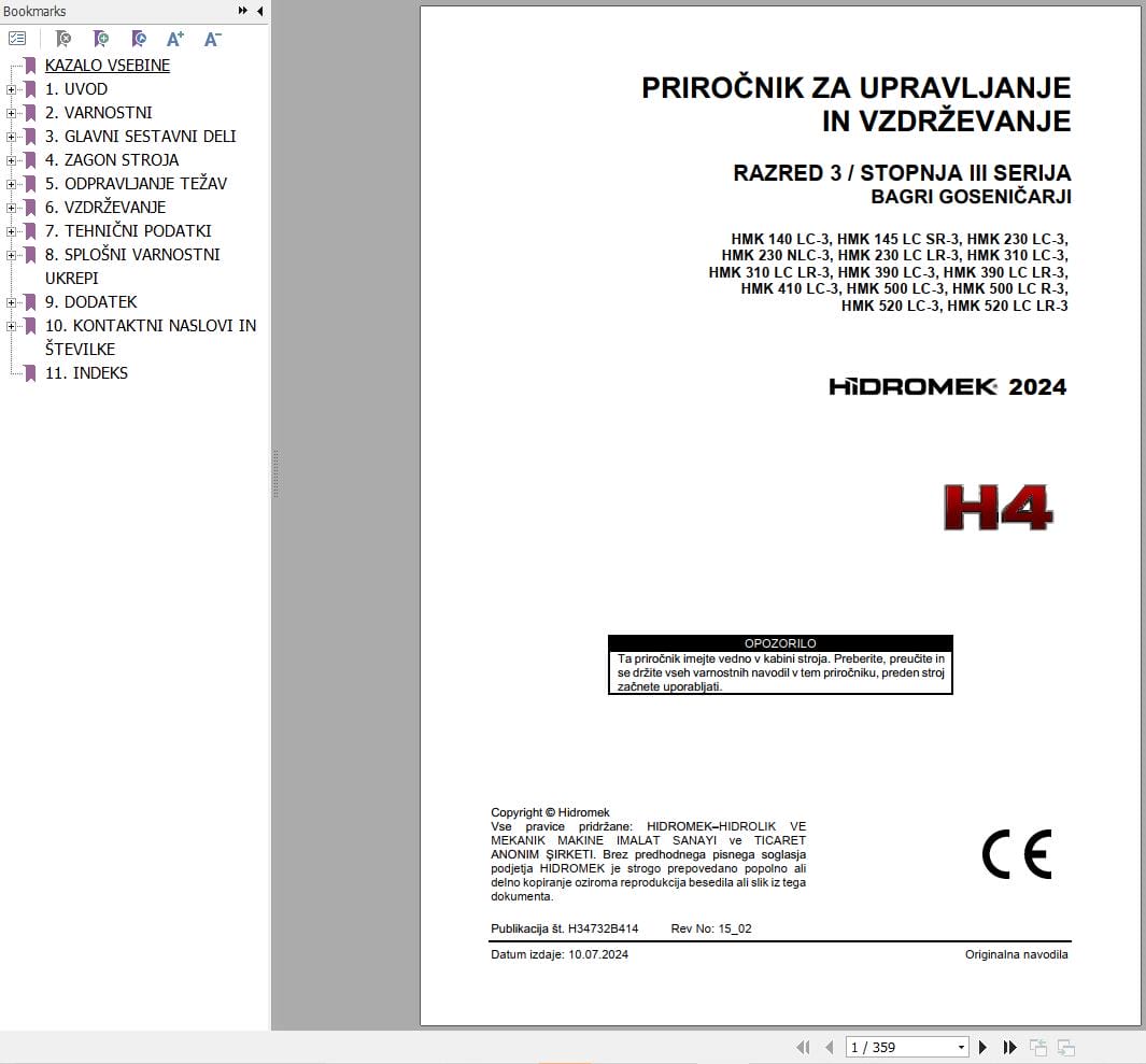 Hidromek Wheel Excavator HMK140LC 3 to HMK520LCLR 3 Operation Maintenance Manual H34732B414 SL (1)